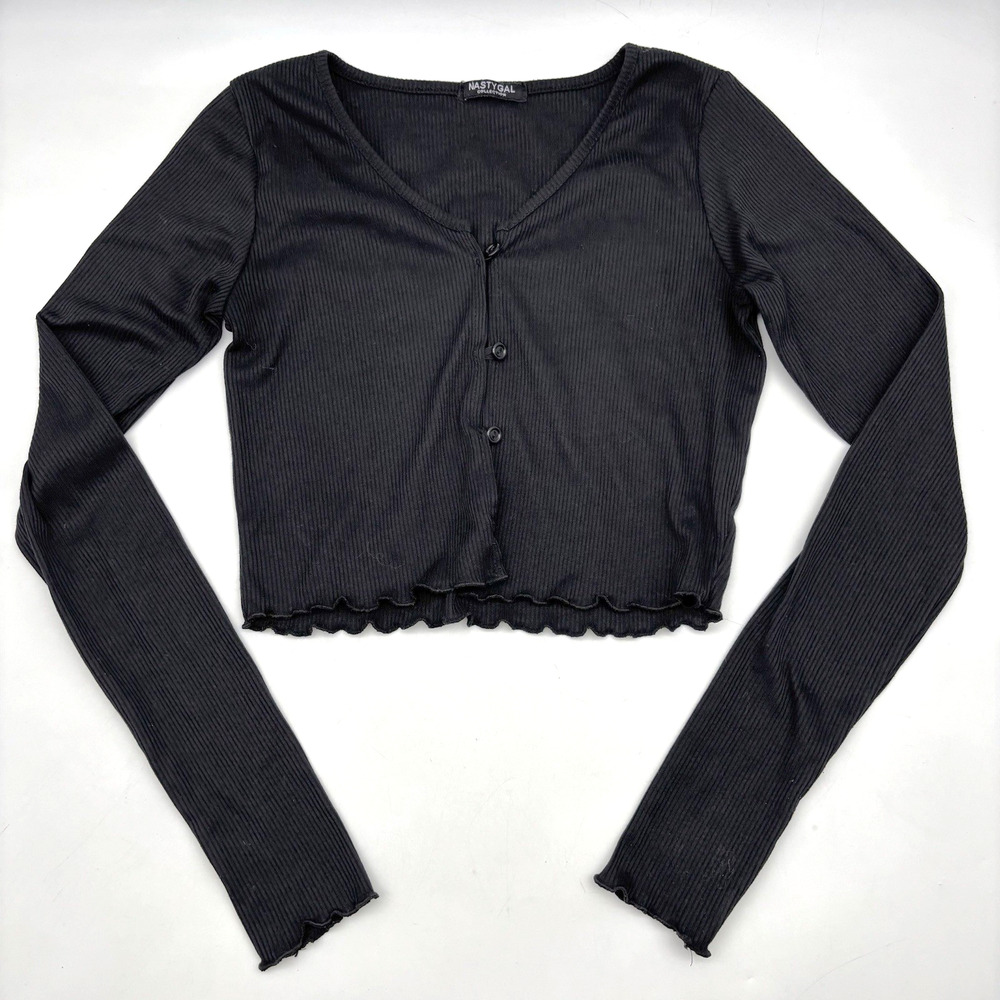 Nasty Gal Black Polyester Ribbed Scallop Hem Button Down Cropped Cardigan 8